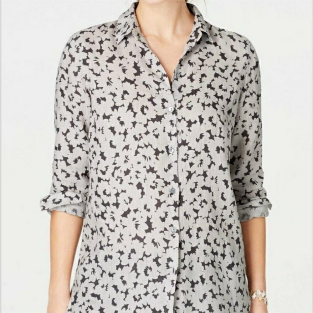 J. Jill Love Linen The Essential Shirt Purple / Gray & White Button Down Floral